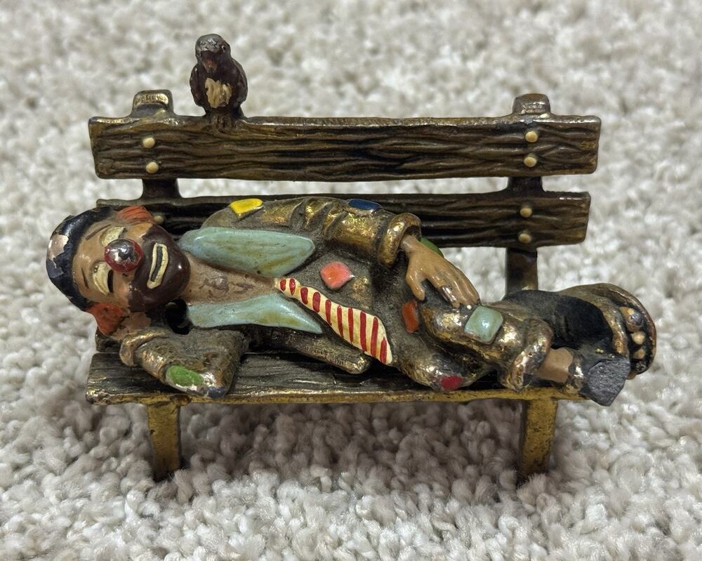 VTG Clown Bird Sleeping On Bench Brass Gem Circus Novelty Figurine Paperweight